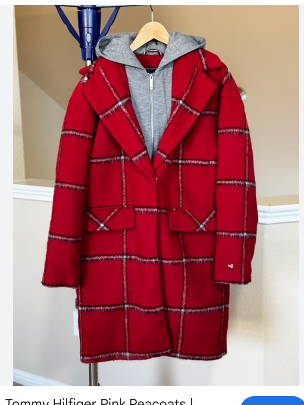 Tommy Hilfiger Red Plaid Pea Coat with Gray Hooded Layer M